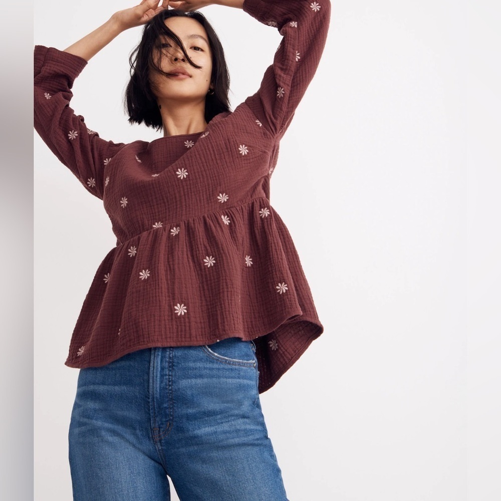 Madewell Embroidered Lightspun Peplum Mulberry Blouse NWT size XS